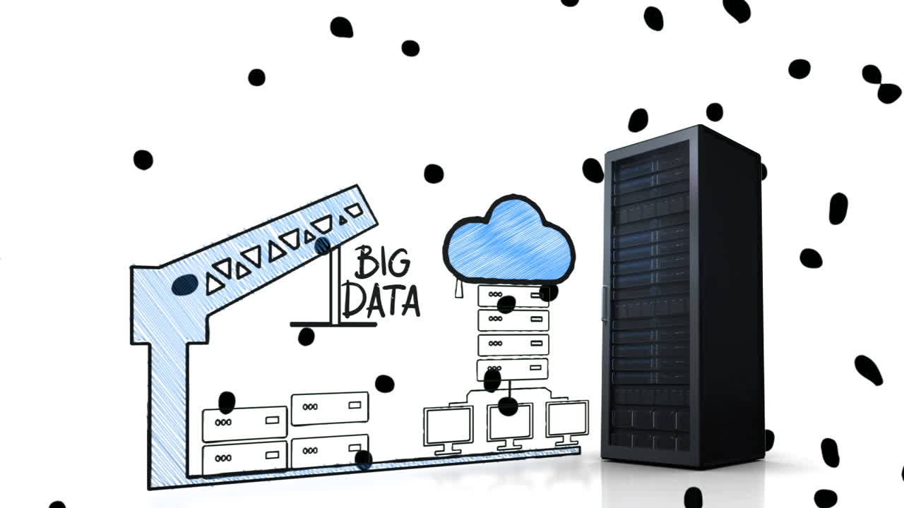 Animation of big data, network scheme and server on white background with dots
