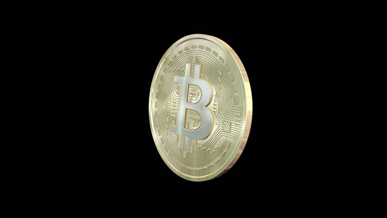 Gold Bitcoin, crypto currency coin, 3D model rotating on black background 3D animation
