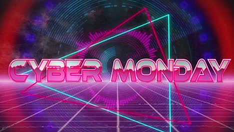 Animación-Del-Texto-Del-Cyber-Monday-Sobre-Un-Patrón-De-Neón-Sobre-Fondo-Oscuro.