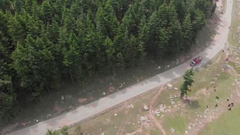 vista aérea del camión en la carretera cerca de los árboles en el bosque uhsu