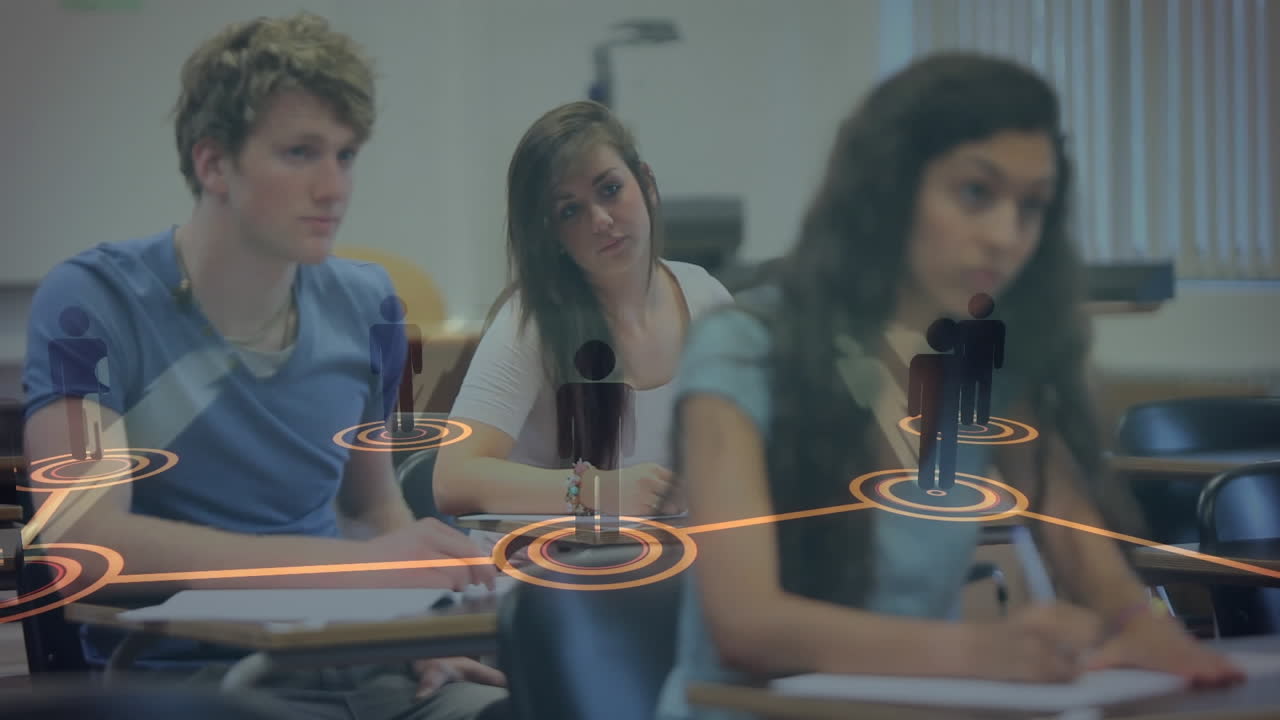 animación de redes de conexiones con personas iconos sobre estudiantes en la universidad