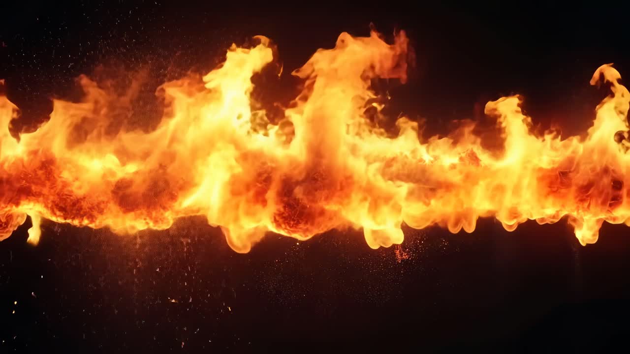 Un video dinamico di una linea orizzontale di fuoco, ripresa da un angolo laterale
