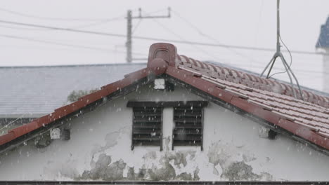 traditional rustic house roof during snowstorm day in tokyo, japan