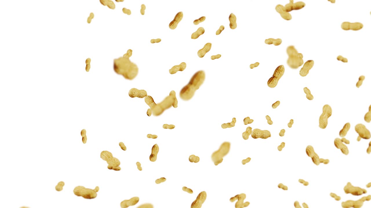 volare molte arachidi su sfondo bianco. arachidi crudi. arachidi in gusci. cibo biologico sano. animazione a ciclo 3d della rotazione dei semi.