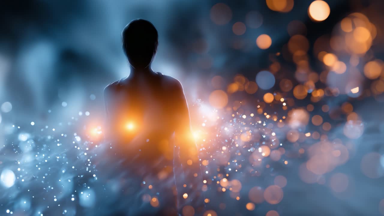 A mysterious silhouette stands amidst a swirl of vibrant orbs and ethereal lights, creating a sense of wonder and intrigue that captivates the viewer's imagination