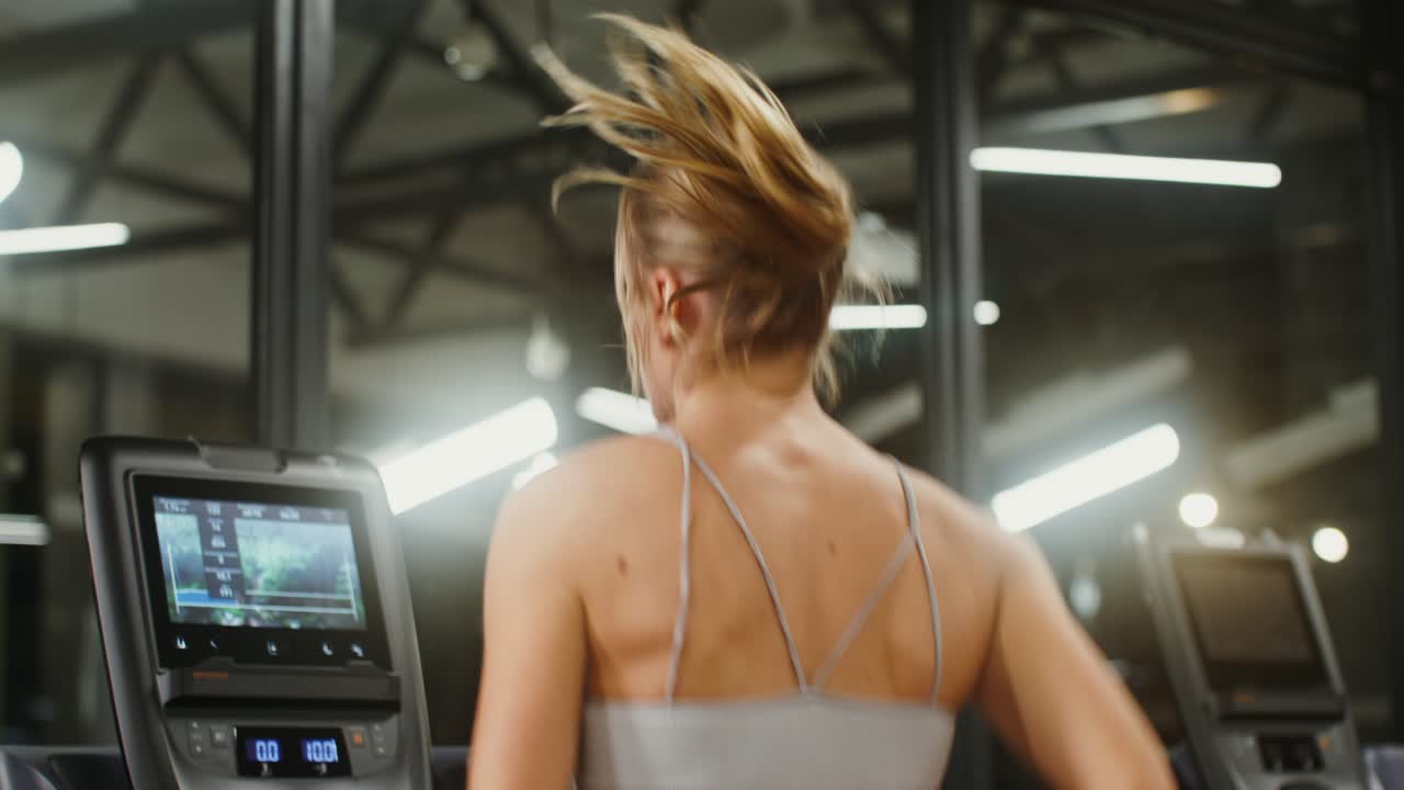 체육관 에서 트레드밀 에서 운동 하는 여자