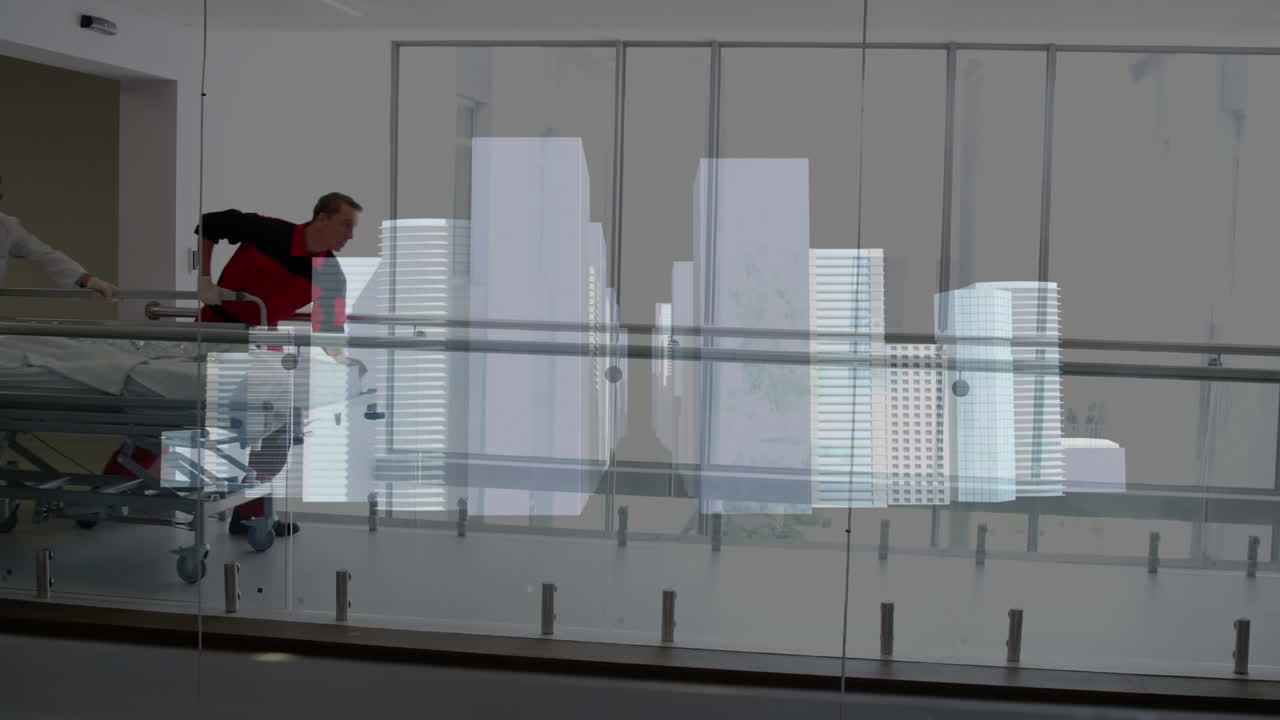 Animation of cityscape over caucasian doctors running with patient