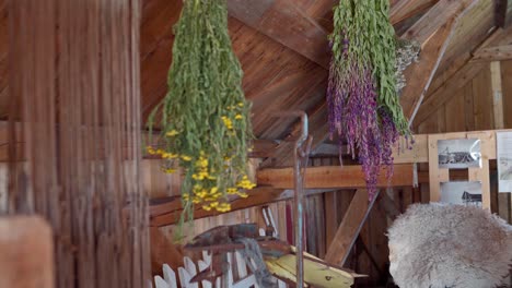 yellow and purple flowers hanging upside down on ceiling of a norwegian house in norway