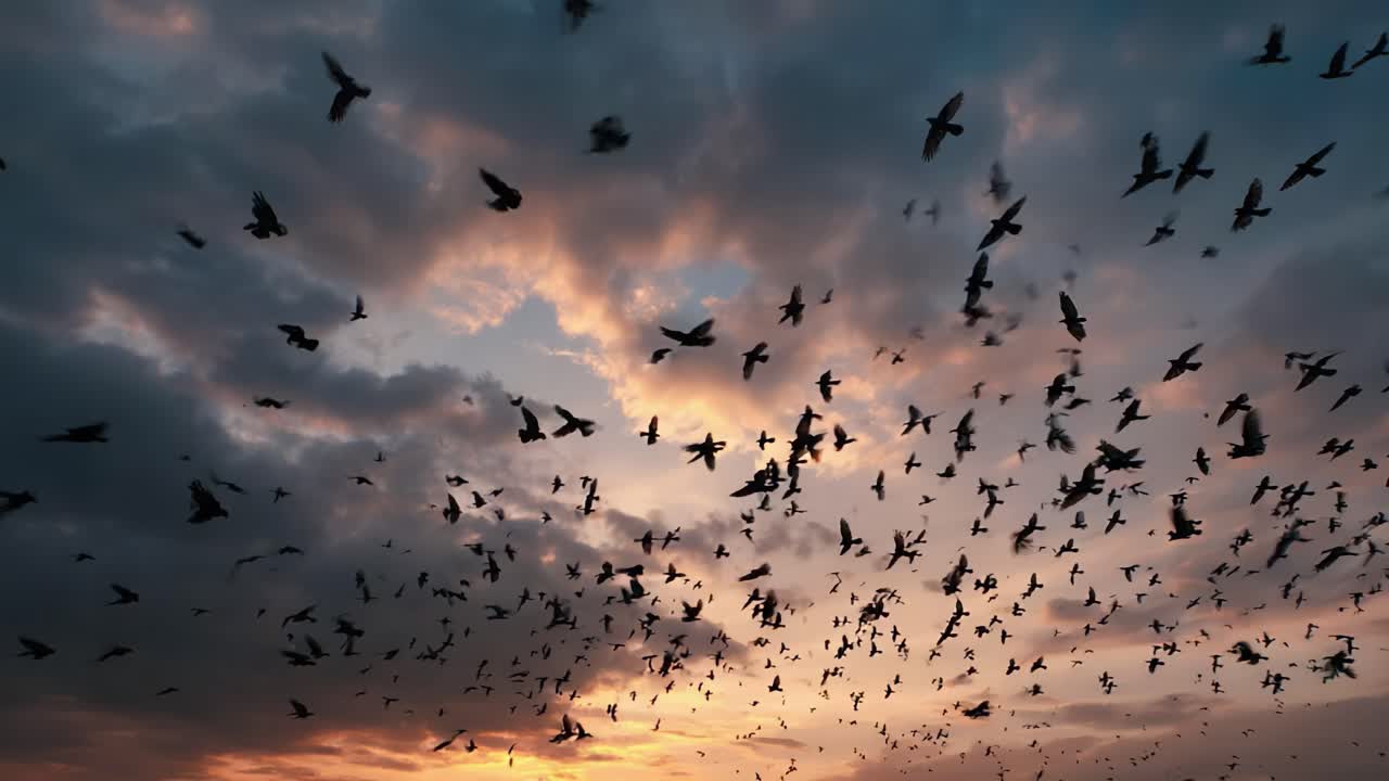 Dramatic Display of Birds Soaring Against a Colorful Sky at Dusk, Capturing the Essence of Freedom and Natural Beauty in Motion