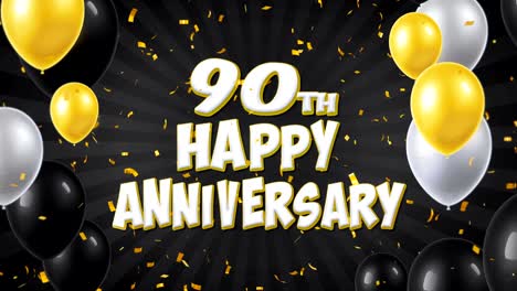 90o aniversario feliz texto negro aparece en confeti popper explosiones cayendo y partículas de brillo, coloridos globos voladores animación de bucle sin fisuras para deseos saludos, fiesta, invitación, tarjeta.