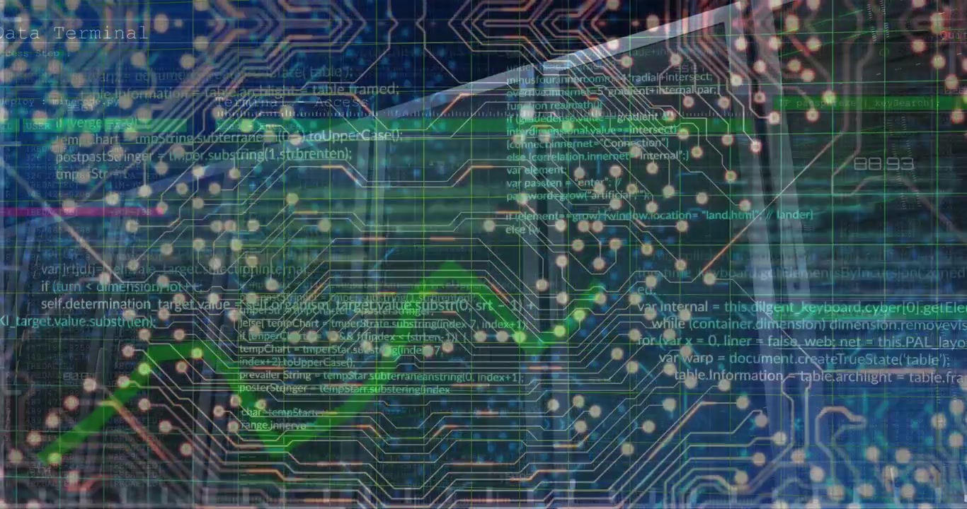 Animation of graph and programming language over circuit board pattern in background