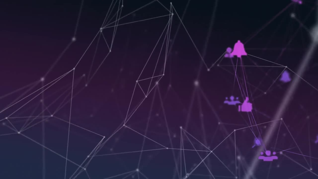 Digital composite video of web of connections with icons moving against purple background