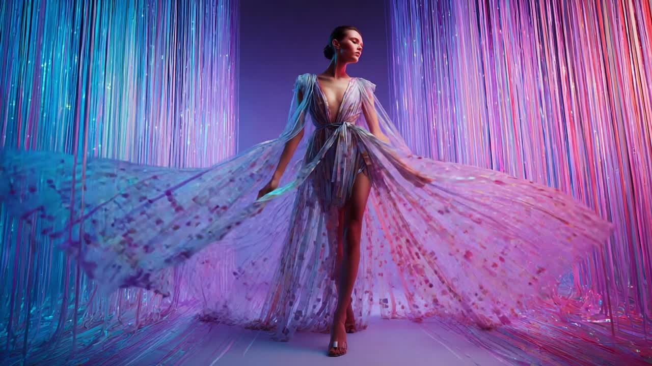 Una splendida modella danza con grazia in un fluente abito iridescente, circondata da vivaci tende scintillanti che catturano l'essenza dell'eleganza e dello stile moderno