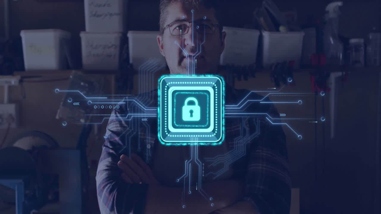 Craftsperson standing in workshop initiating glowing padlock scanning circuitry for security check
