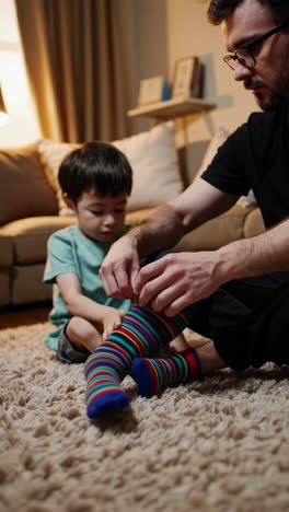 father helps son put on colorful striped socks