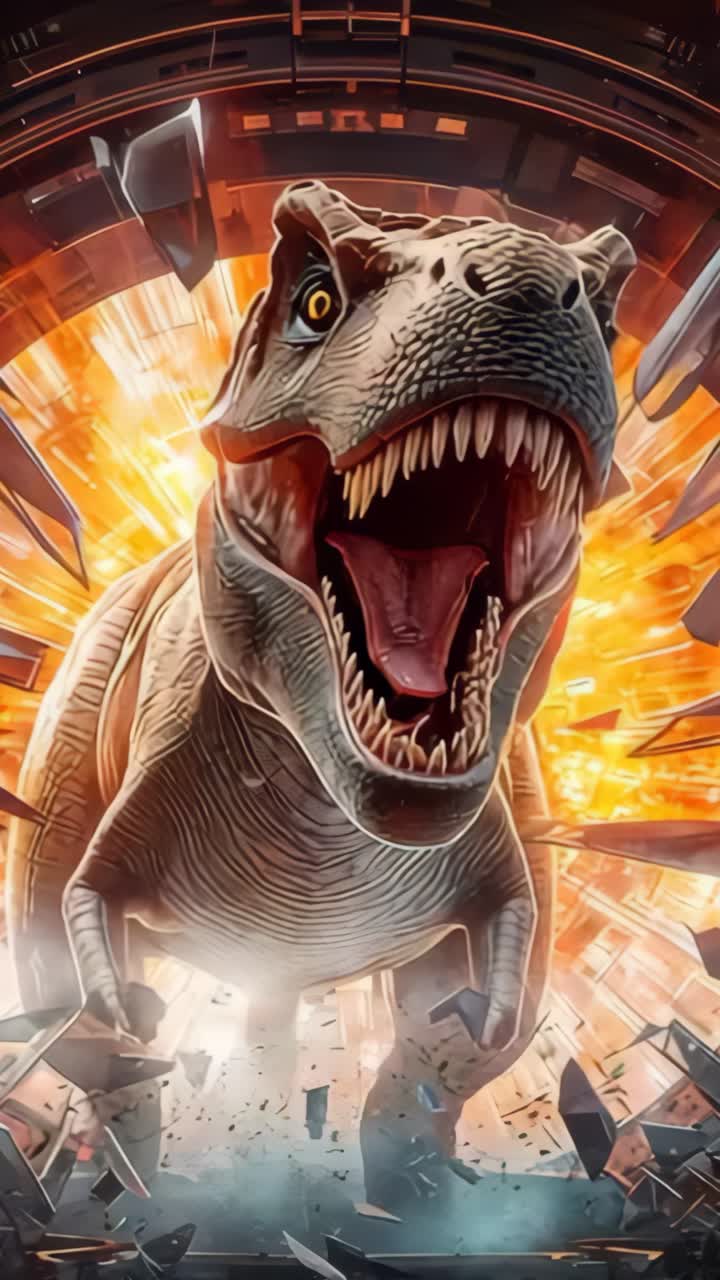 Vertical video: Cracking metal doors opening cell with Tyrannosaurus rex bursting through blast