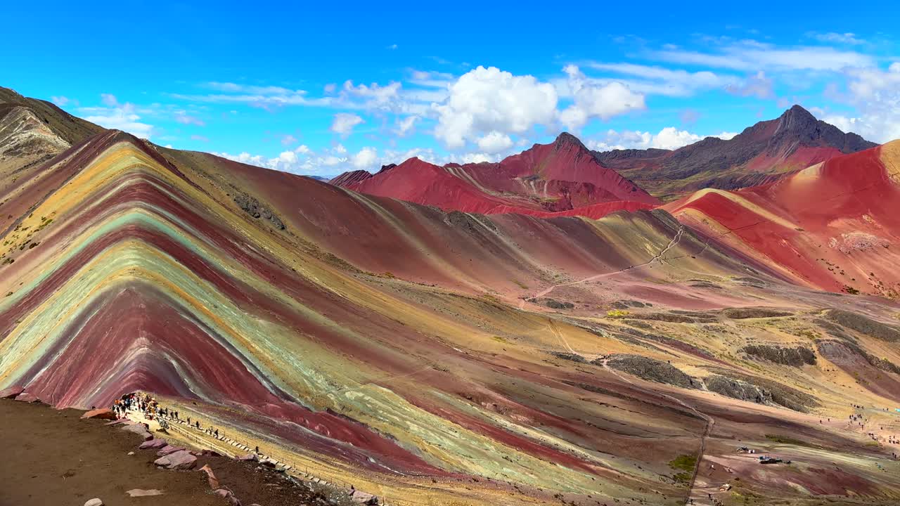 View of Rainbow Mountain Vinicunca Peru Perú trail morning blue sky Montaña de Siete Colores Palccoyo Peruvian Andes Red Valley striped hills seven colored Cusco Region nature landscape pan right