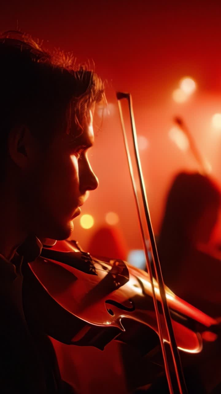 Un violinista di talento cattura il pubblico con una performance toccante in un'ambientazione con illuminazione rossa drammatica, incarnando passione ed espressione musicale.