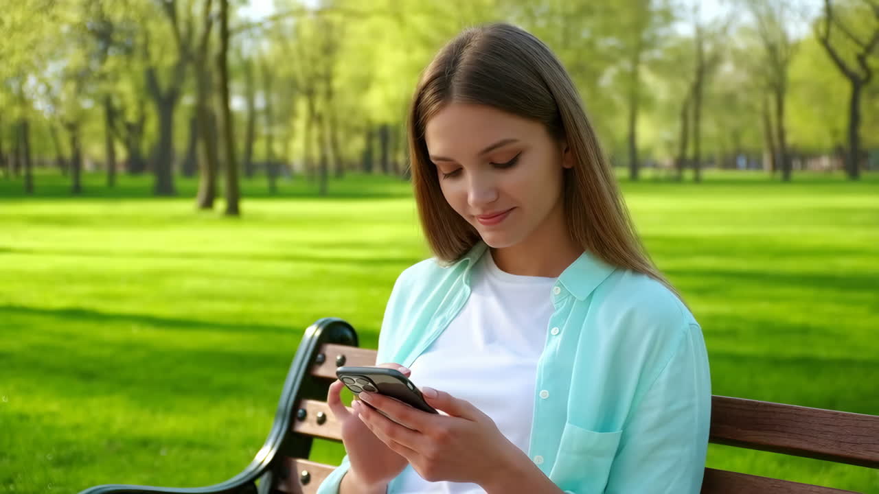 Young woman using a smartphone on a park bench