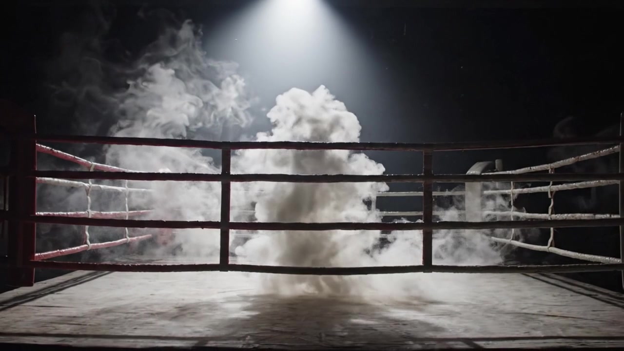Un dramático ring de boxeo iluminado por un foco, envuelto en una atmósfera de humo, capturando la tensión y la anticipación de la próxima pelea.