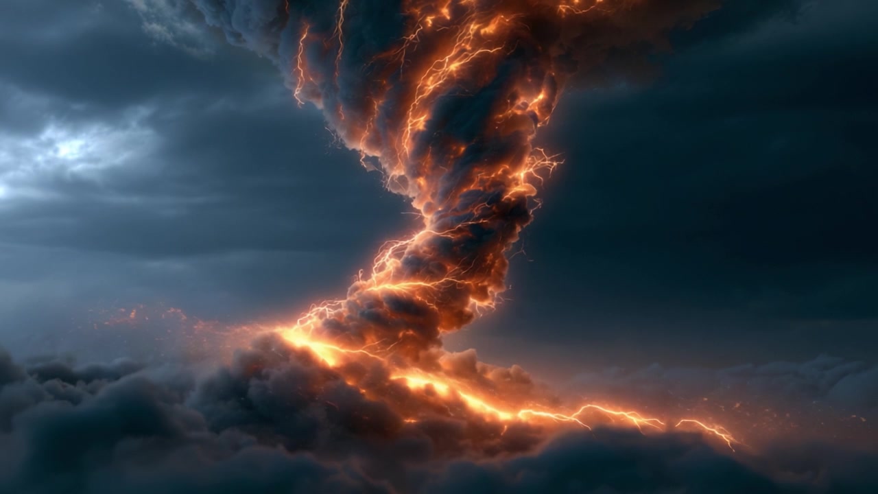 Et betagende billede af en dynamisk hvirvelvind dannet af ildfuld energi, der hvirvler midt i mørke stormskyer, og viser den rå kraft og skønhed i naturens voldsomme kræfter.