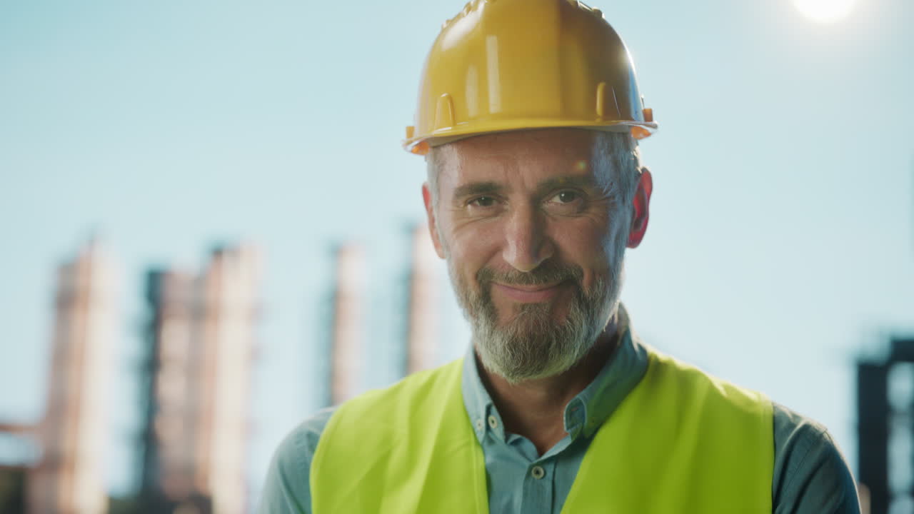 Portrait of a smiling construction worker in a hard hat and safety vest