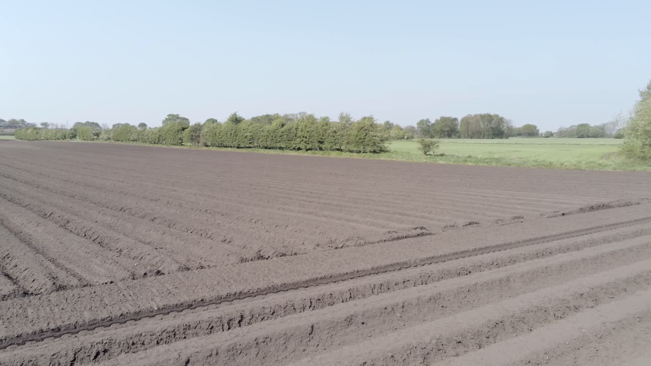 Aerial drone view rows of fertile British agricultural rich soil furrow countryside low dolly right