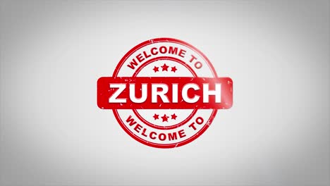 welcome to zurich signed stamping text wooden stamp animation. red ink on clean white paper surface background with green matte background included.