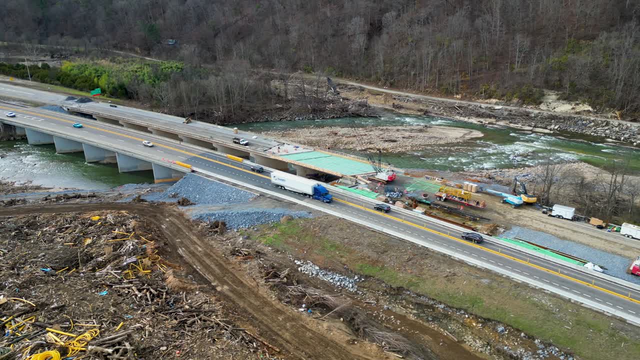 4K Aerial Drone Video of Bridge on Interstate 26 in Erwin, TN Damaged by Flooding of Nolichucky River after Hurricane Helene (2024)