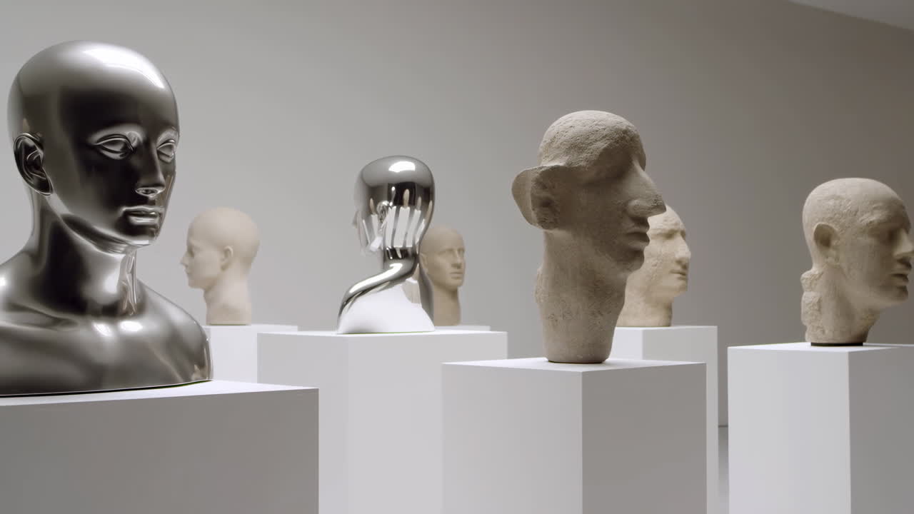 Krom- og gipsbyster på piedestaler i minimalistisk studie, reflekterende mannequin vender mod tekstureret klassisk