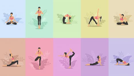 ejercicio de yoga en la naturaleza. colección de personajes de dibujos animados femeninos que demuestran varias posiciones de yoga. colorida animación de bucle plano. relajarse y meditar.