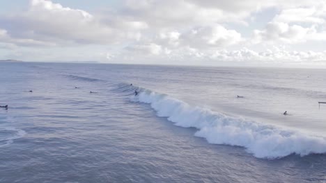 surfers compete to catch a wave while trying not to crash into each other