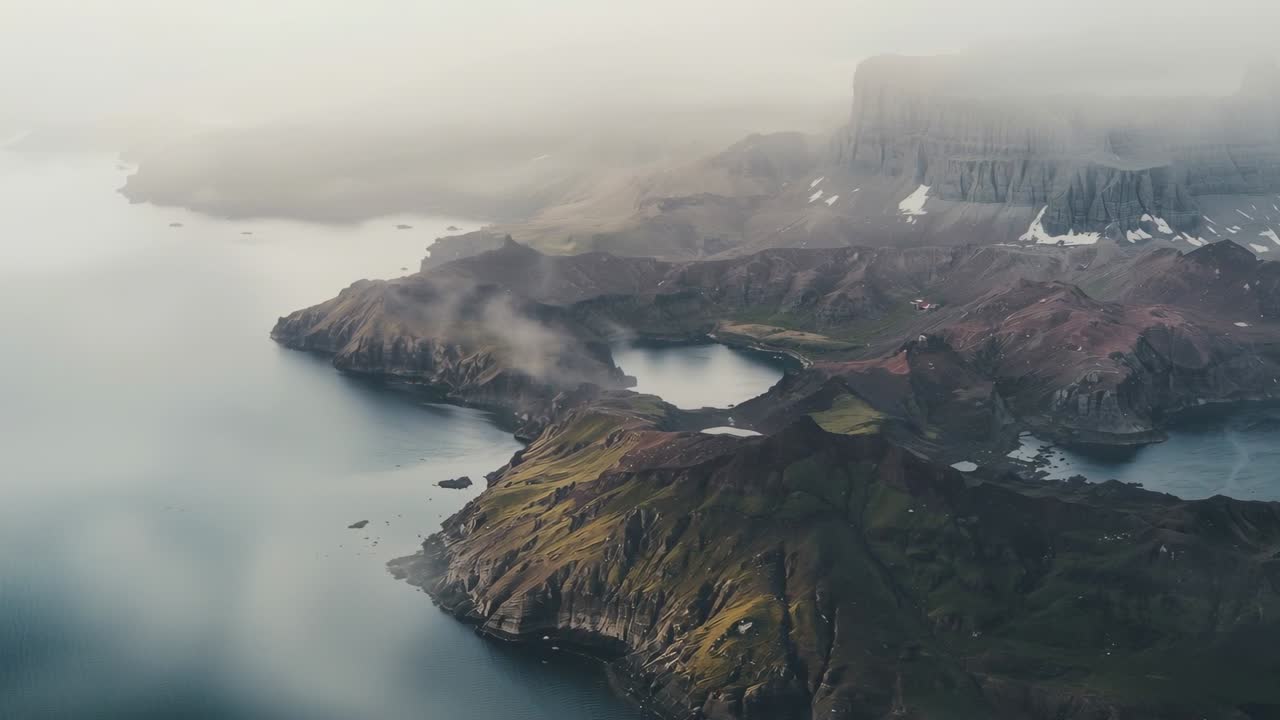 Lanzamiento de dron aéreo que revela un cabo costero escarpado en el mar, capturando un estanque y niebla para la cartografía