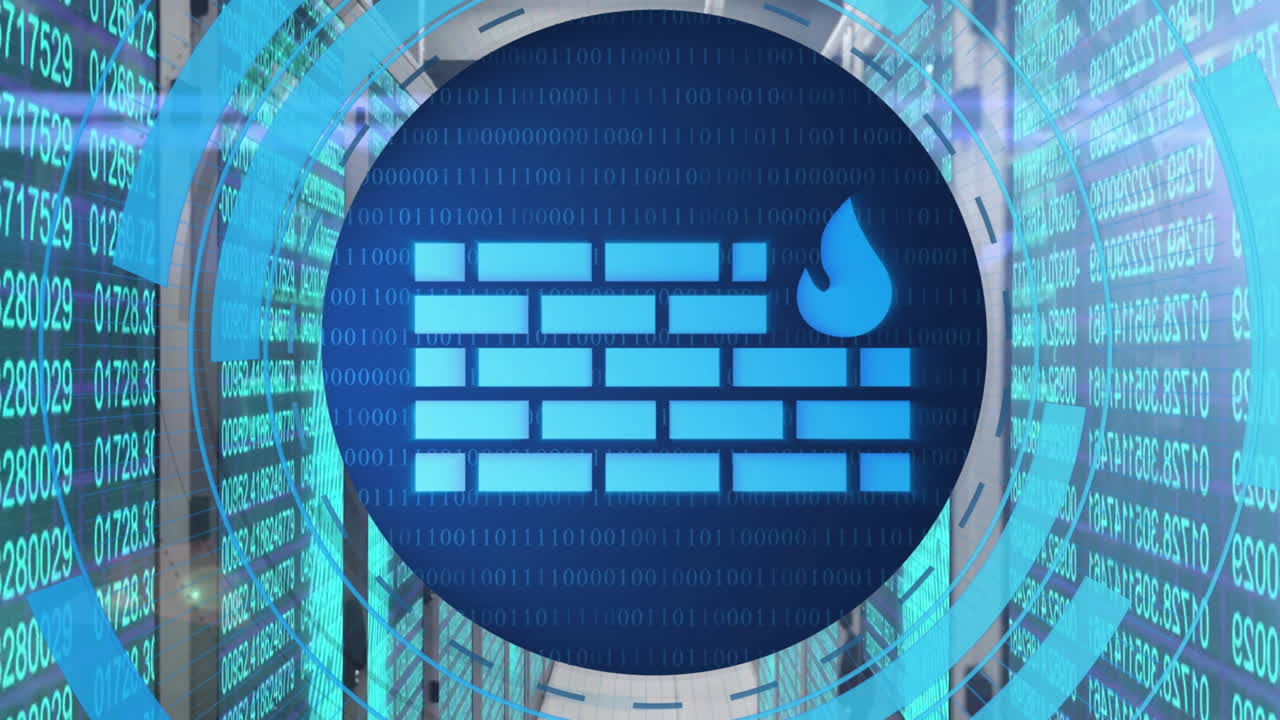 컴퓨터 서버 을 통해 방화벽 데이터를 처리하는 원형 스캐너의 애니메이션