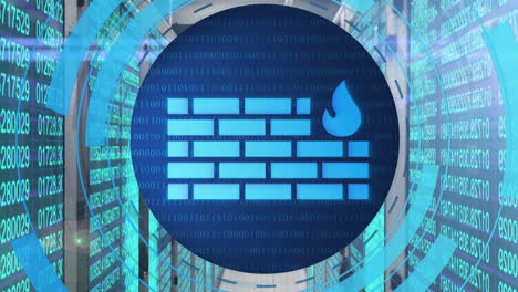 animation of circular scanner processing firewall data over computer server room