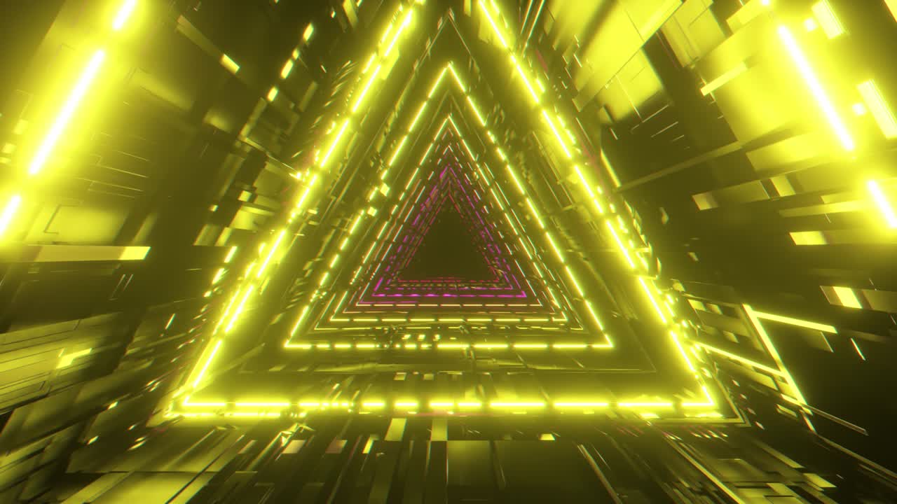 보라색 빛의 선이 빠르게 움직이는 아름다운 추상적인 삼각형 터널, 네온 조명과 함께 미래의 복도 배경, 원활한 루프 3d 렌더링