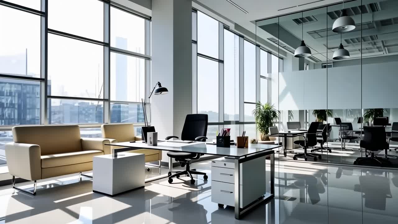 Modern office space with sleek furniture, shot from a wide-angle perspective