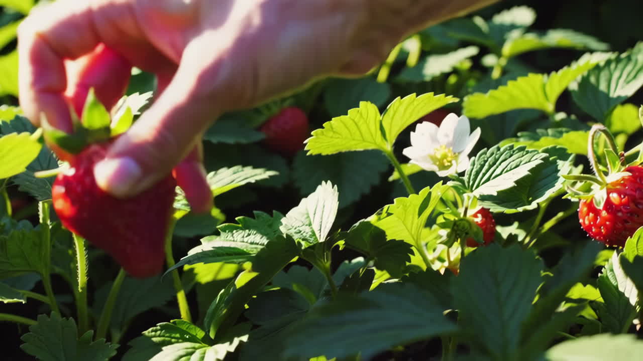 Picking Fresh Strawberries in a Garden