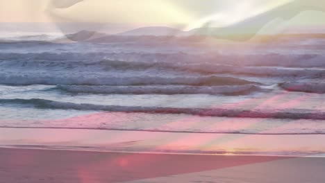 digital composition of waving russia flag against view of the beach and sea waves