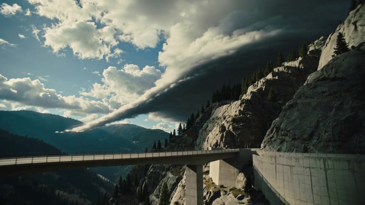 Una nube a mensola che avanza spostandosi verso destra sopra una gola, attenuando il bagliore dell'obiettivo e proiettando un'ombra sul ponte.