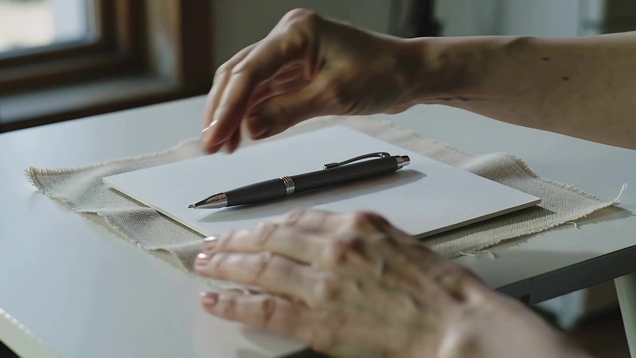 Mano che posiziona una penna, mani con maniche in maglia che levigano la carta su un tessuto ruvido vicino alla finestra
