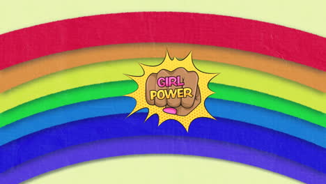 animación del texto del poder de la niña en el puño femenino sobre el arco iris