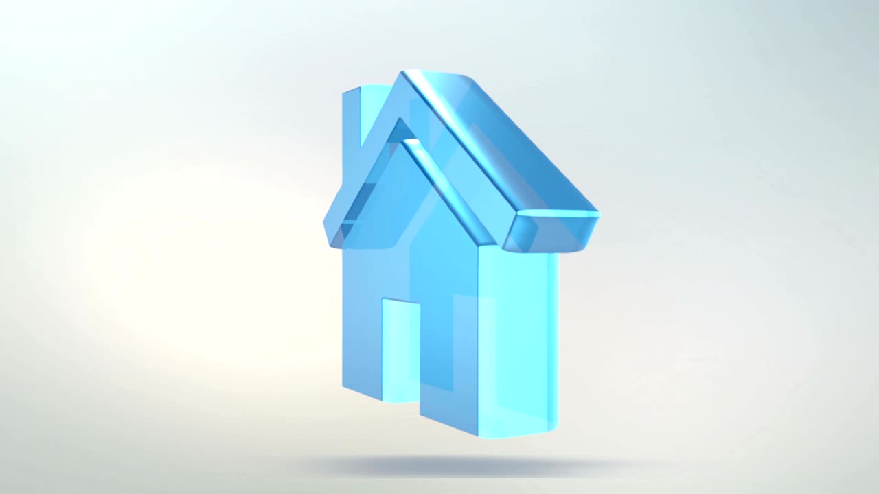 집 아이콘은 유리로 만들어져 있으며, 알파 채널이 있는 반투명한 회전하는 홈 아이콘은 파란색과 녹색입니다.