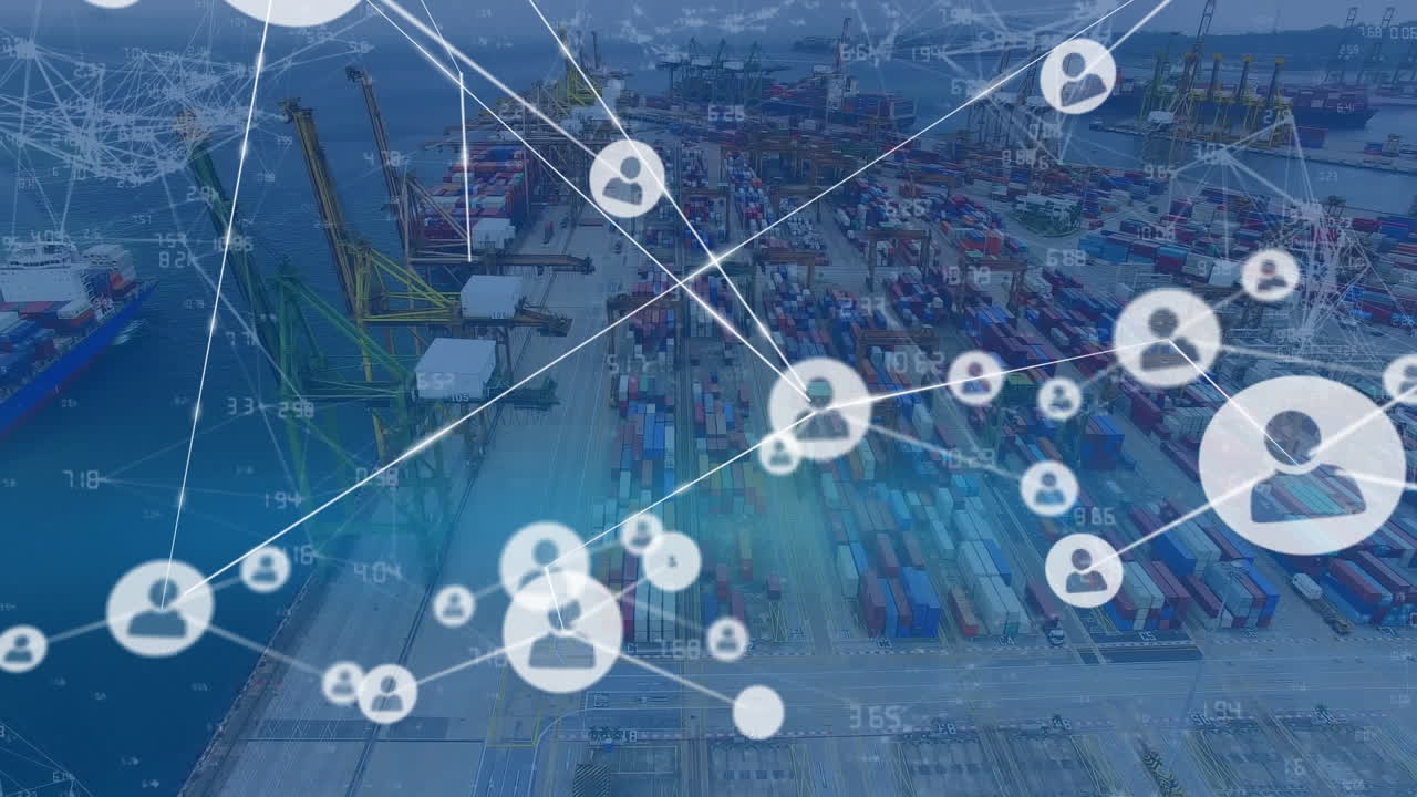 Animation of network of connections with icons over drone and shipping yard