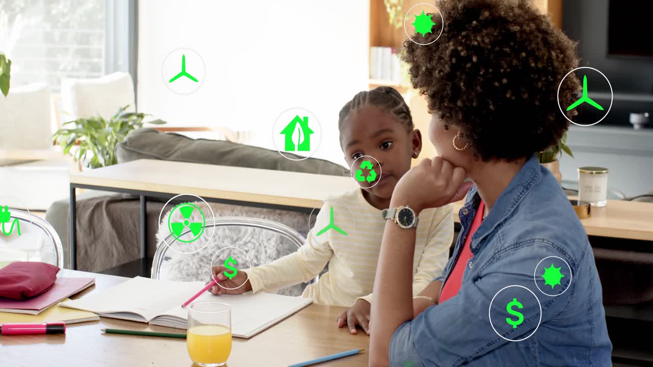 Kid raising hands reaching pink pencil writing for learning mom guiding eco icons floating around