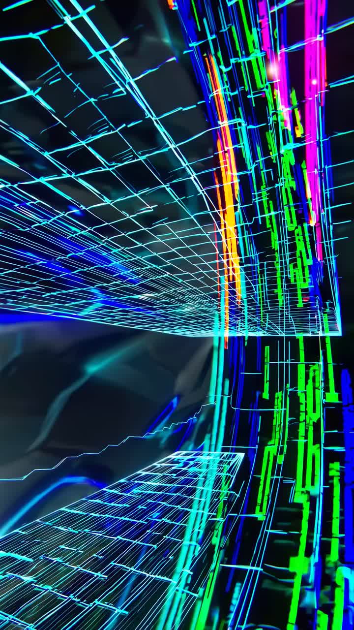 Dynamic, futuristic video concept with neon lines forming a digital tunnel