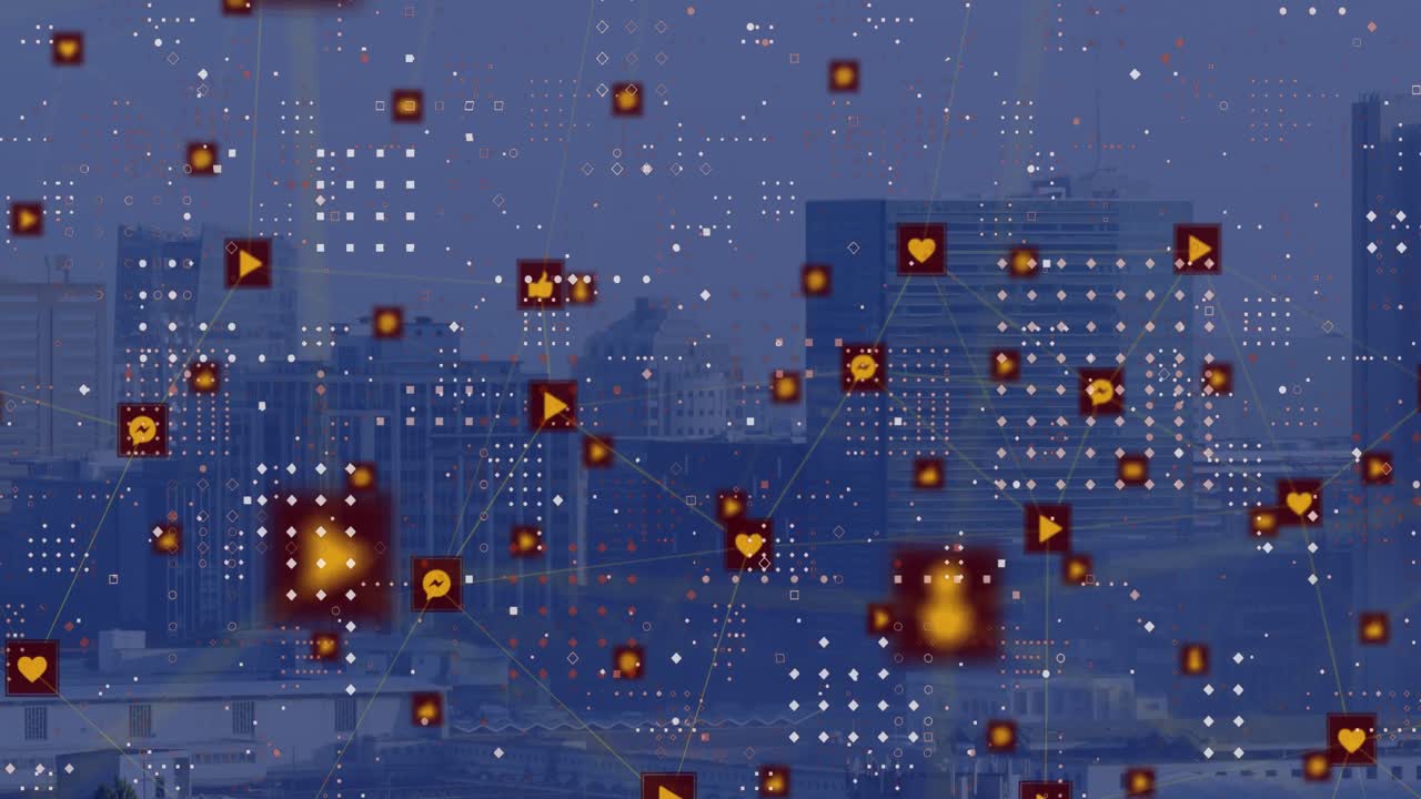 디지털 아이콘과 점 패턴의 네트워크의 애니메이션 도시 풍경의 공중 전망에 대해