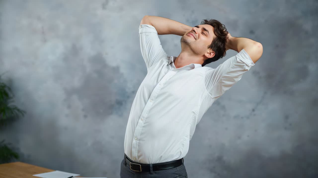 Hombre exhalando, recostado, relajándose y masajeándose el pelo en el escritorio, mangas remangadas, papeles y planta