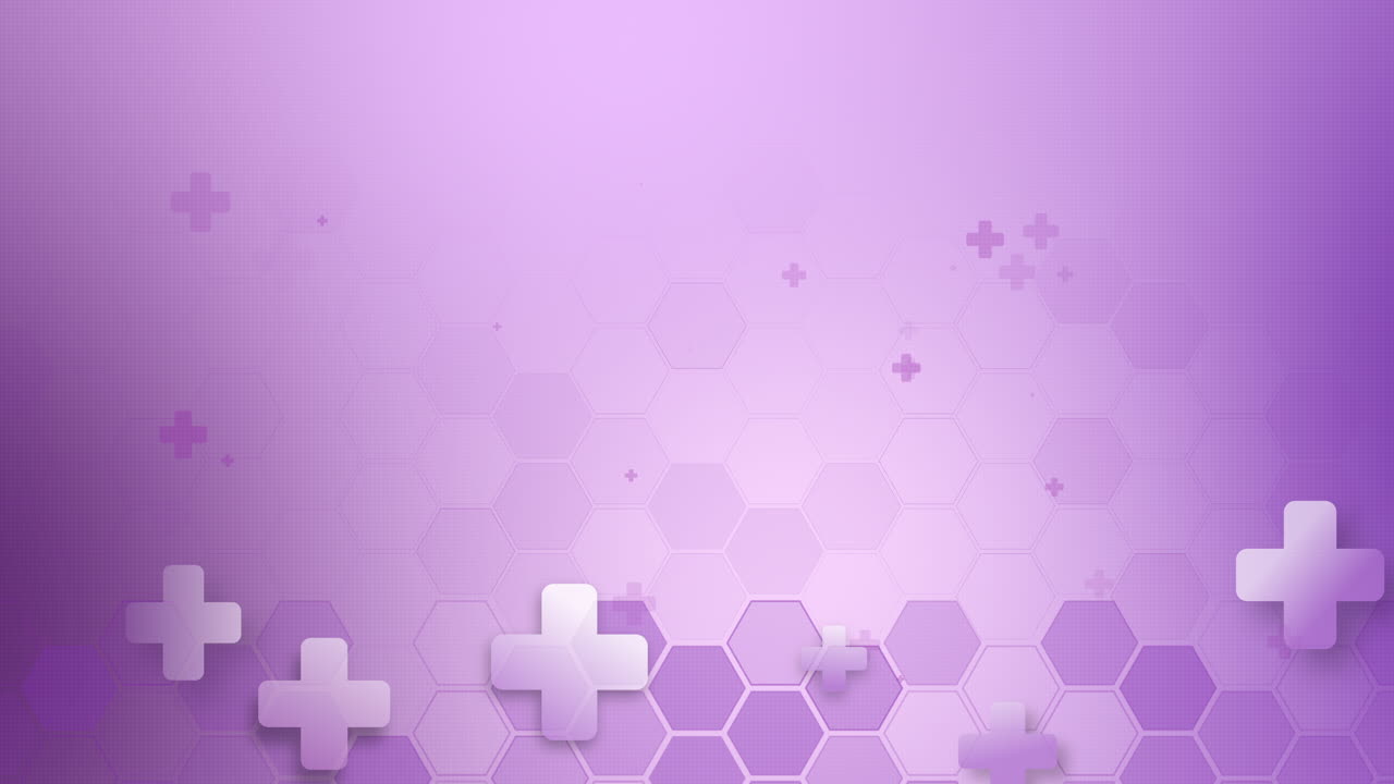 Abstract hexagon healthy purple background with cross symbol. Technology, molecular and science background. Loop animation. Copy space.