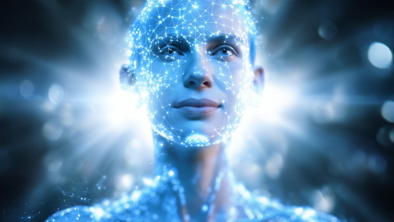 Una rappresentazione mistica di una figura umanoide circondata da brillanti esplosioni di luce, che simboleggia la connessione tra tecnologia, coscienza e l'universo.